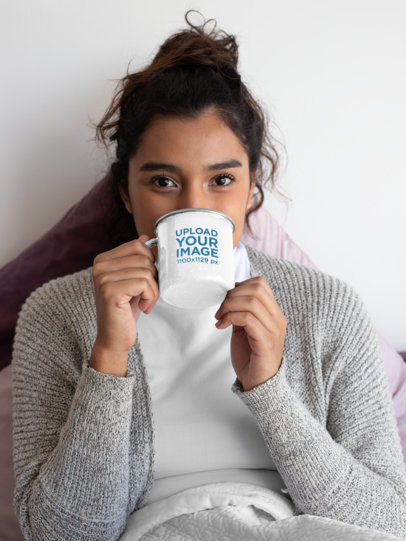 Mockup of a Woman in Bed Drinking from a Silver Rim Mug