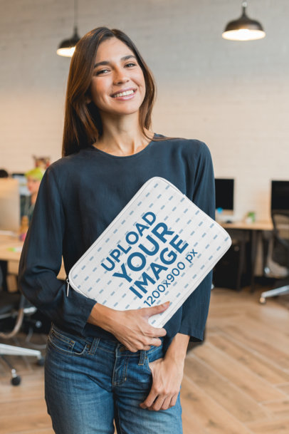 Sublimated Laptop Sleeve Mockup Featuring a Smiling Woman 