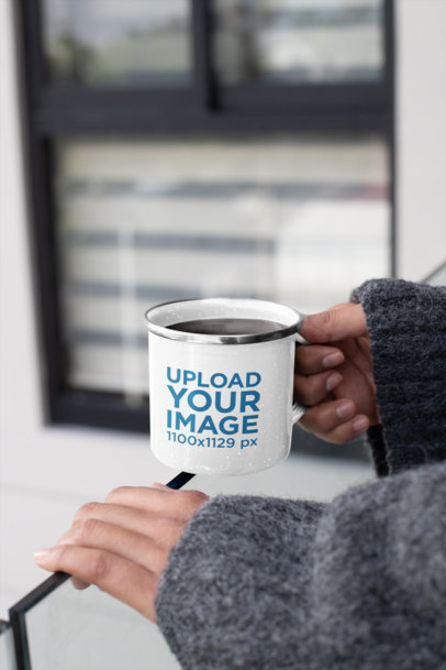 12 oz Enamel Mug with Silver Rim Mockup Featuring a Woman in a Balcony 