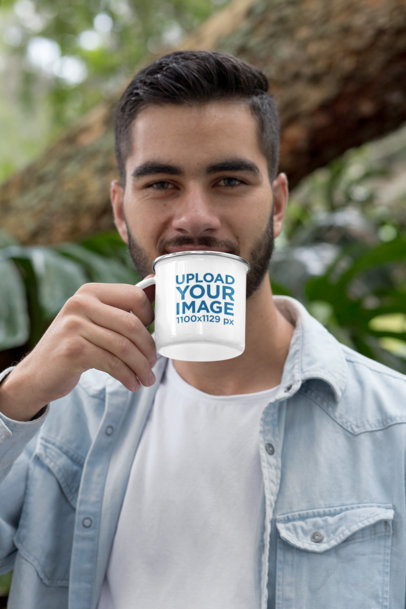Mockup of a Man Drinking from a 12 oz Enamel Silver Rim Mug
