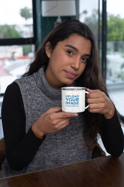 Mockup of a Long-Haired Woman Drinking from a Silver Rim Enamel Mug 