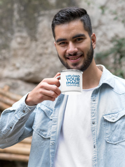 Mockup of a Man Drinking Coffee from a Silver Rim Enamel Mug 