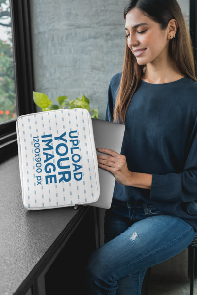 Mockup of a Woman Putting Her Computer into a Laptop Sleeve 30853
