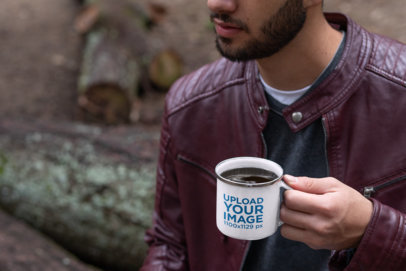 Silver Rim Enamel Mug Mockup Featuring a Cropped Face Bearded Man 