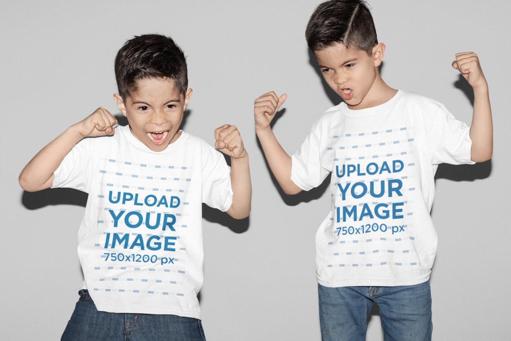 T-Shirt Mockup Featuring Two Twin Boys Making Funny Faces at a Studio 