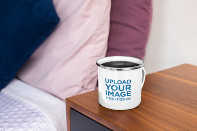 Mockup of a Silver Rim Enamel Mug on a Nightstand 