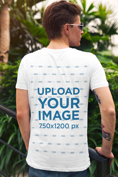 Back View T-Shirt Mockup Featuring a Cool Man with Sunglasses and an Arm Tattoo 