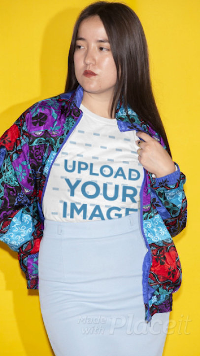 Stop-Motion T-Shirt Video Featuring a Woman in a Colorful Jacket 22436