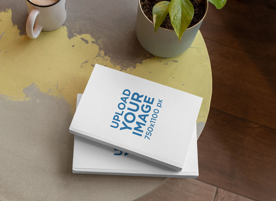 Mockup of Two Hard Cover Books on a Table Next to a Plant 
