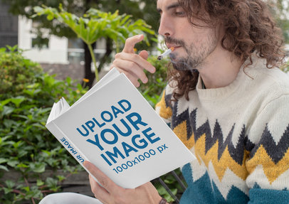 Square Book Mockup Featuring a Man Smoking a Cigarette 30918