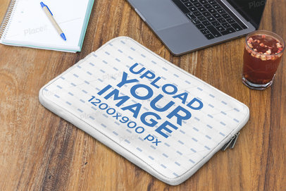 Mockup of a Laptop Sleeve on a Wooden Desk 