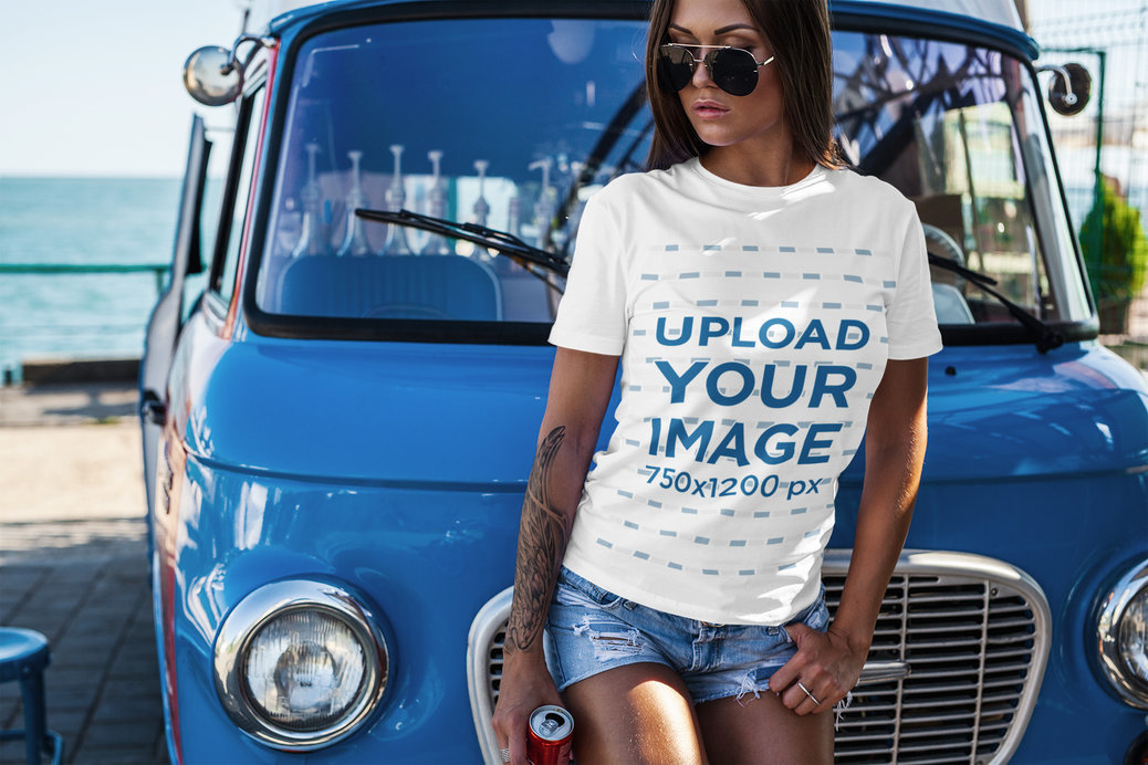 Mockup of a Woman with a T-Shirt Leaning on a Van at the Beach