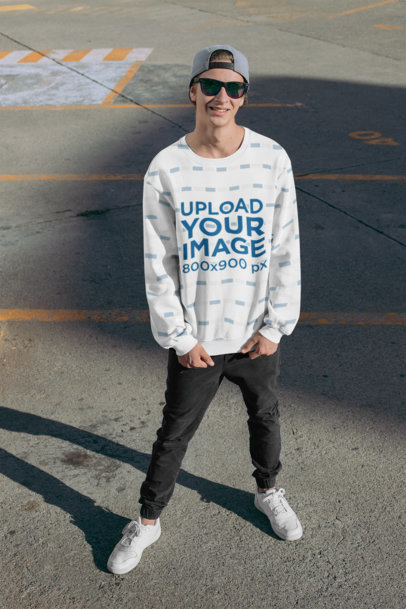 Sublimated Sweatshirt Mockup Featuring a Man at a Parking Lot