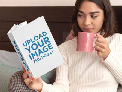 Hardcover Book Mockup Featuring a Woman Reading in Bed