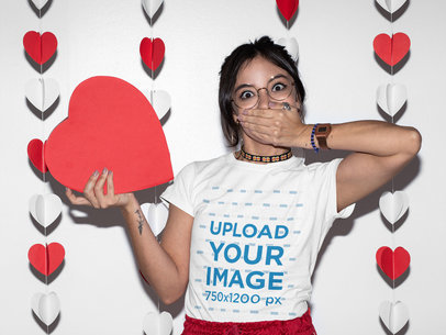 T-Shirt Mockup of a Surprised Woman Surrounded by Heart Decorations