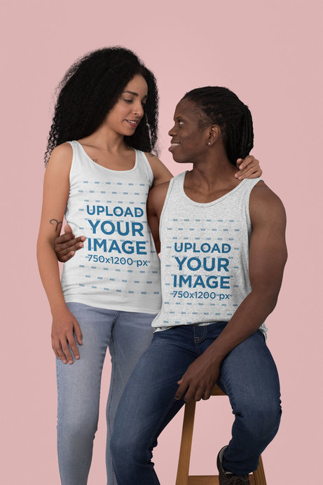 Heathered Tank Top Mockup Featuring a Couple in a Studio