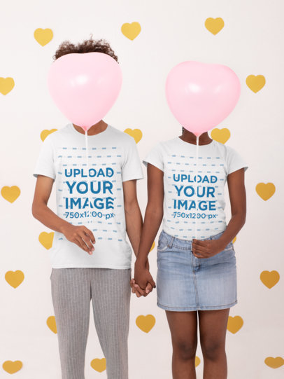 T-Shirt Mockup Featuring a Couple Holding Heart-Shaped Balloons