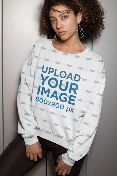 Mockup of a Serious Woman Wearing a Crewneck Sweatshirt 