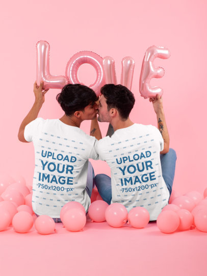 Back-View Mockup of a Couple Wearing T-Shirts Surrounded by Balloons 