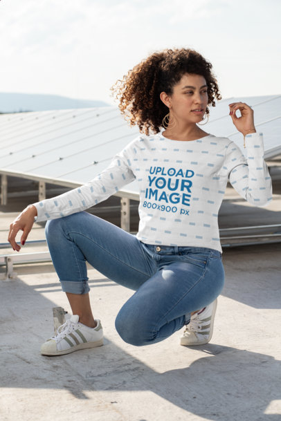 Long Sleeve Tee Mockup Featuring a Woman with Curly Hair