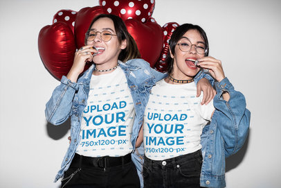 Valentine's Day-Themed T-Shirt Mockup Featuring a Couple Eating Candy