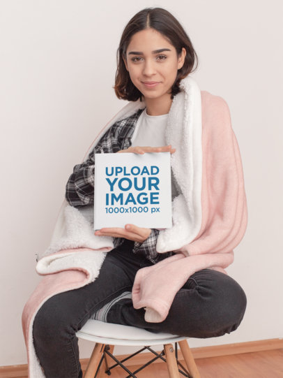 Square Hardcover Book Mockup Featuring a Woman Posing