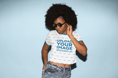 Sublimated Ringer Crop Top Mockup of a Woman with Sunglasses
