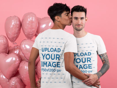 Both Sides T-Shirt Mockup Featuring a Man Kissing His Partner on the Cheek 31199