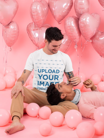 T-Shirt Mockup of a Romantic LGBT Couple in a Valentine's Day Setting