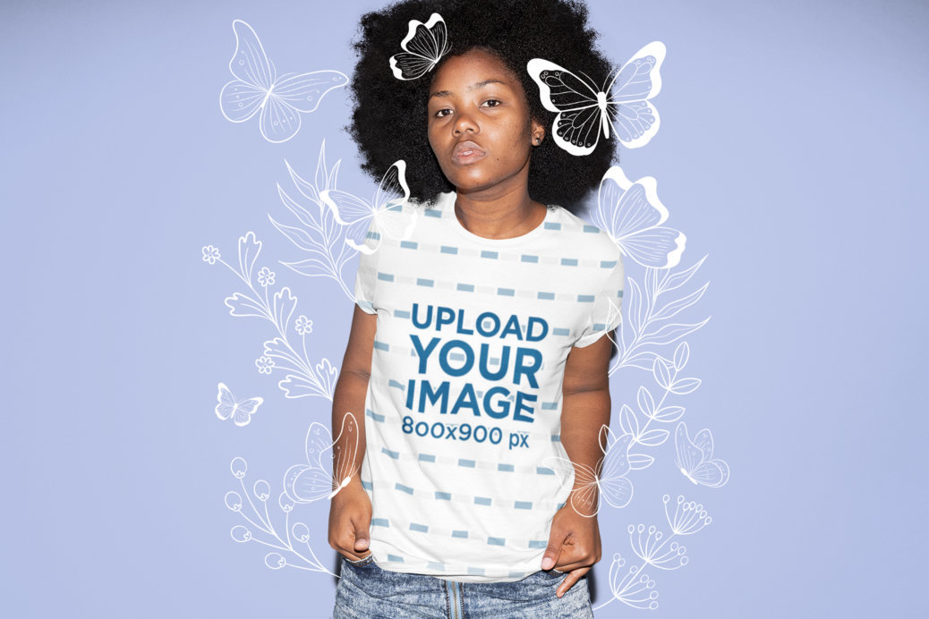 Sublimated Tee Mockup Featuring a Serious-Looking Woman Surrounded by Butterly Illustrations