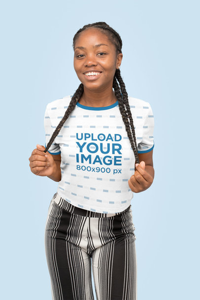 Mockup of a Long-Haired Woman Wearing a Sublimated Ringer Tee