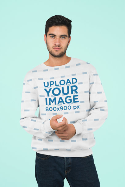 Sublimated Crewneck Sweatshirt Mockup Featuring a Serious Bearded Man at a Studio
