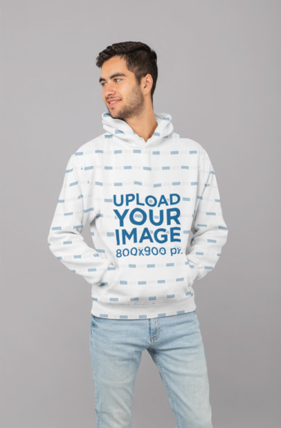 Sublimated Hoodie Mockup Featuring a Smiling Man at a Studio