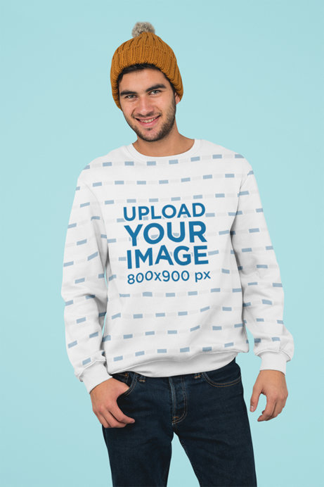 Sublimated Crewneck Sweatshirt Mockup of a Man Standing Against a Plain Background 