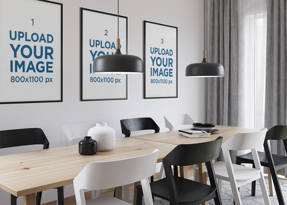 Mockup of Three Art Print Placed in a Modern Dining Room