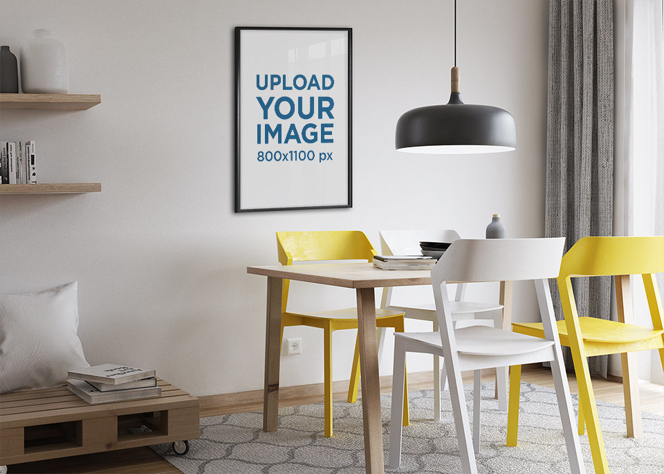 Mockup of a Poster Frame Hanging on a Modern Living Room 