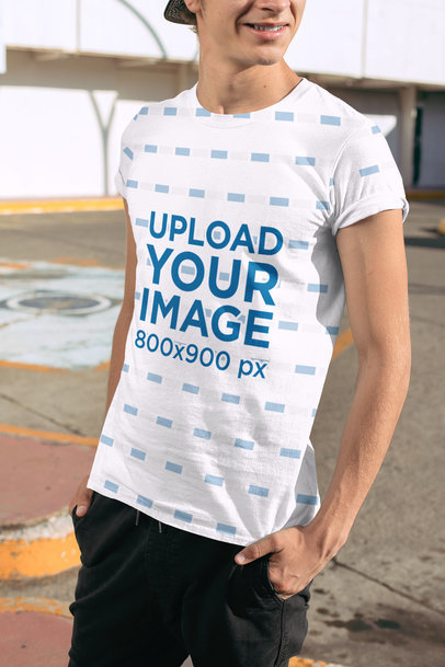 Sublimated Tee Mockup Featuring a Smiling Man at a Parking Lot
