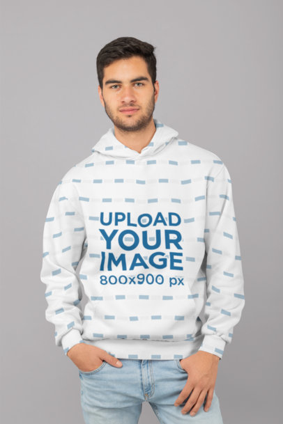 Sublimated Hoodie Mockup Featuring a Serious Man in a Studio