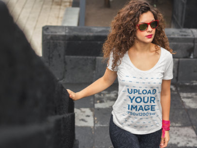 T-Shirt Mockup of a Pretty Woman With Curly Hair a5954