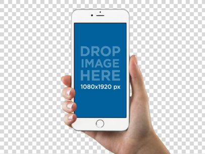 White iPhone 7 Plus Mockup Held Vertically by a Woman Over a Null Background