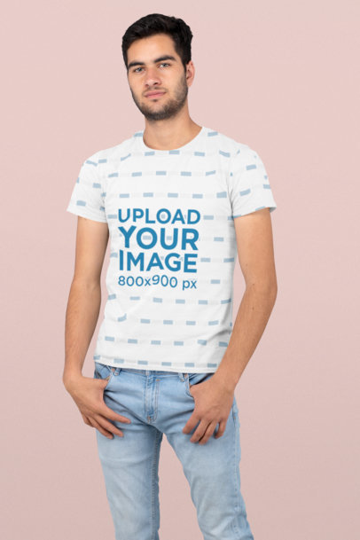 Sublimated Tee Mockup Featuring a Man Standing at a Studio