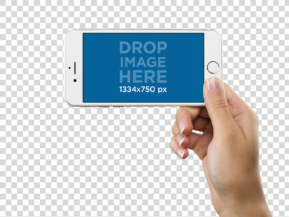 Mockup of a White iPhone 6s Held in Lanscape Position Over a PNG Background by a Woman a11636
