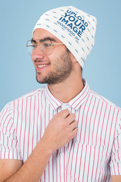 Sublimated Beanie Mockup of a Smiling Man with Glasses