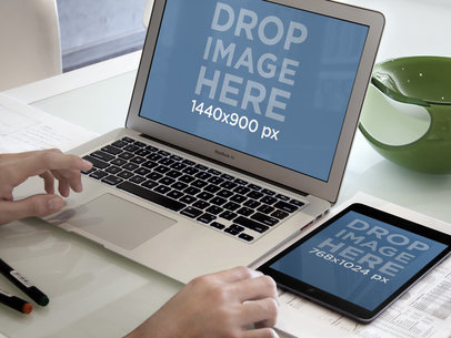 Responsive Mockup of a MacBook Air and an iPad Mini in an Office