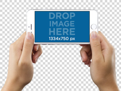 White iPhone 6s in Landscape Position Held With Both Hands Mockup