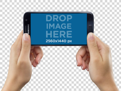PNG Mockup of a Samsung Galaxy S7 in Landscape Position Held With Both Hands a11645