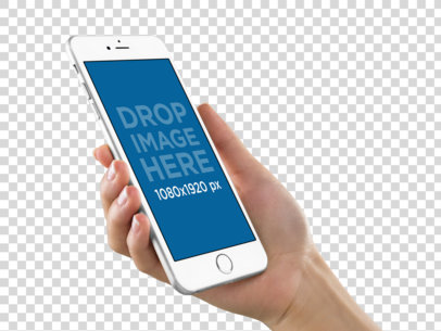 White iPhone 6 Plus Held in Hand Vertically Over a Transparent Background Mockup a11632