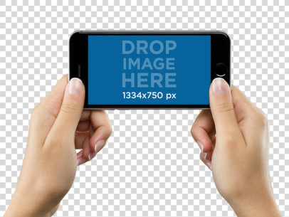 Mockup of a Woman Holding a Black iPhone 6s With Both Hands