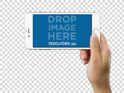 iPhone 6 Plus in Landscape Position Held by a Woman Over a Transparent Background Mockup