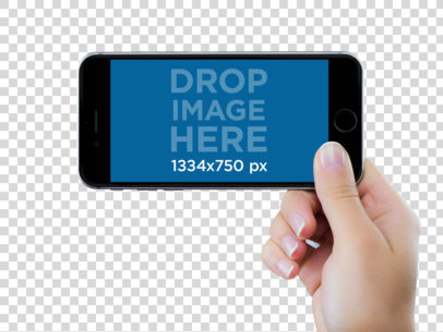 Mockup Featuring a Black iPhone 6s Held in Landscape Position by a Woman